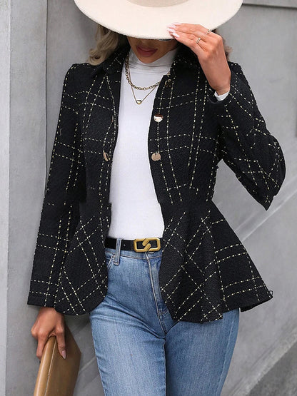 Blazers- Herringbone Peplum Blazer for Elegant Outings- - IndioGear.com