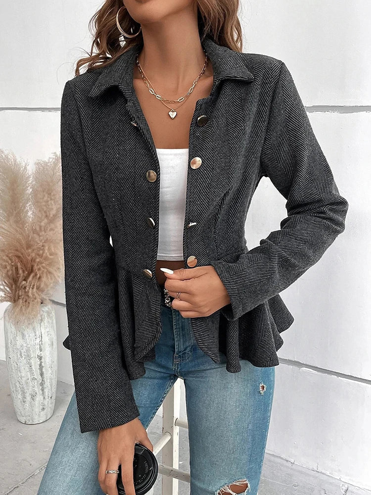 Blazers- Herringbone Peplum Blazer for Elegant Outings- - IndioGear.com