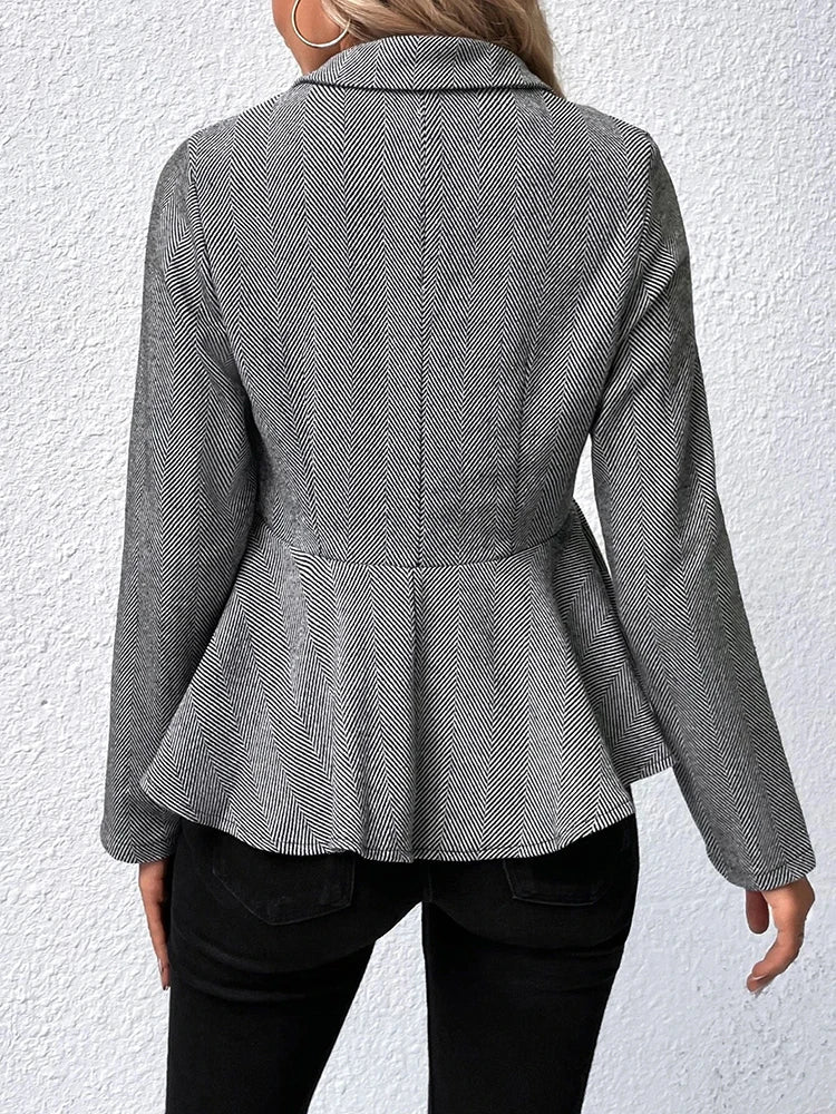 Blazers- Herringbone Peplum Blazer for Elegant Outings- - IndioGear.com