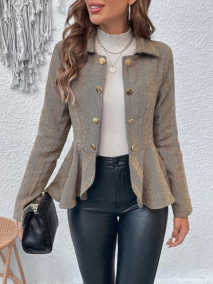 Blazers- Herringbone Peplum Blazer for Elegant Outings- Camel- IndioGear.com