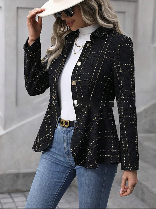 Blazers- Herringbone Peplum Blazer for Elegant Outings- - IndioGear.com