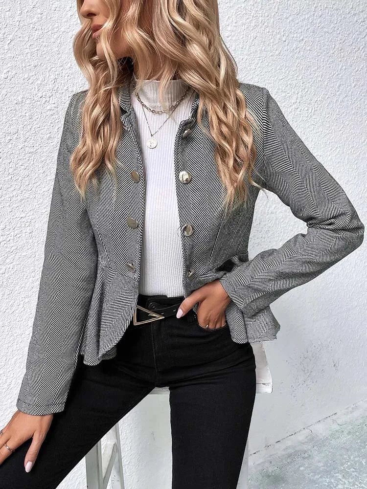 Blazers- Herringbone Peplum Blazer for Elegant Outings- - IndioGear.com