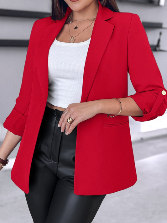 Blazers- Tailored Open-Front 3/4 Sleeve Blazer for Office- Red- IndioGear.com