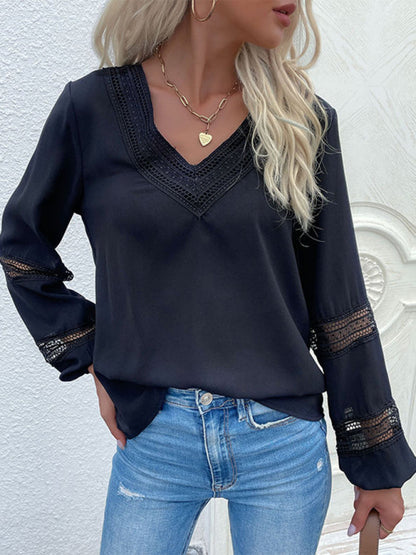 Blouses- 1920s Inspired Navy Top Blouse with Lace Details- Black- IndioGear Women Clothing