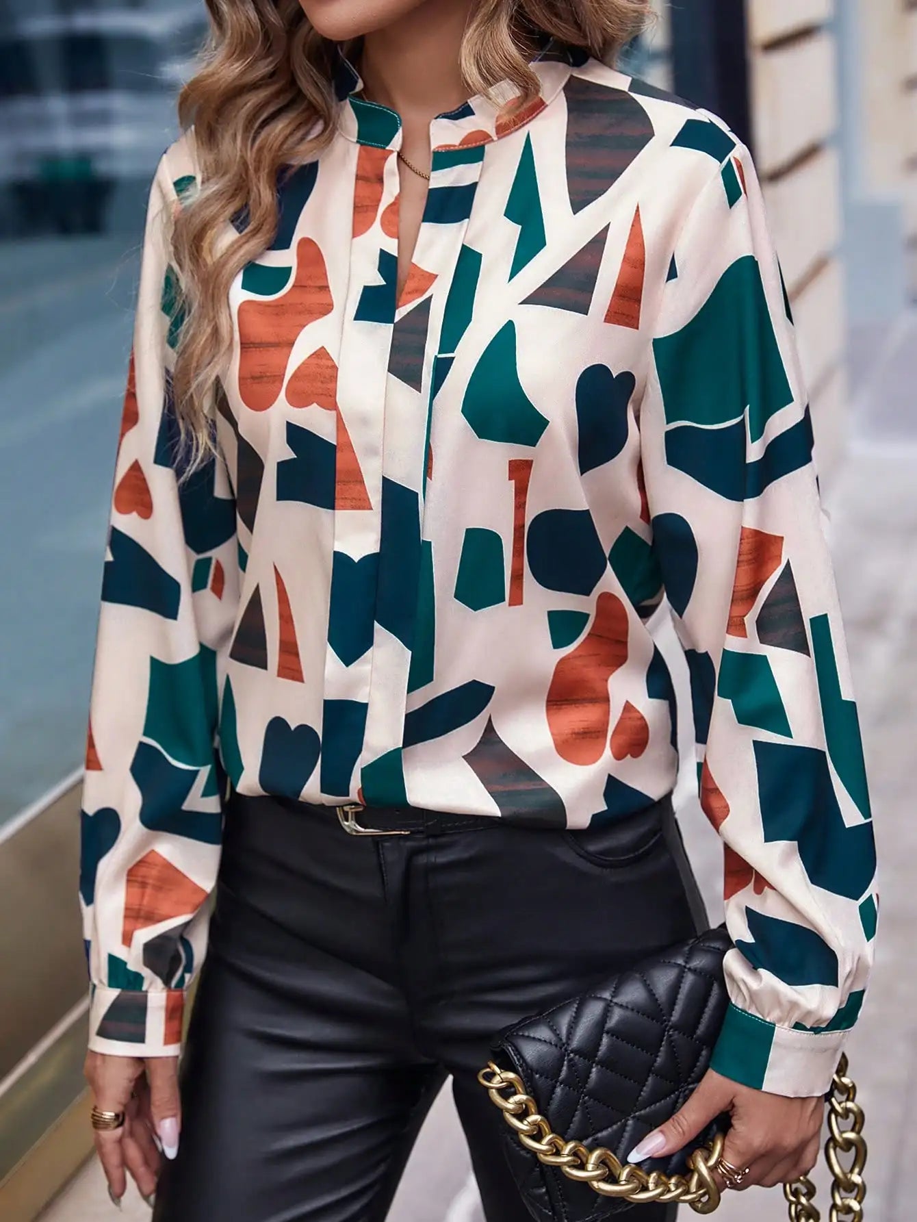 Blouses- Art-Inspired Office Blouse with Long Sleeves- - IndioGear.com