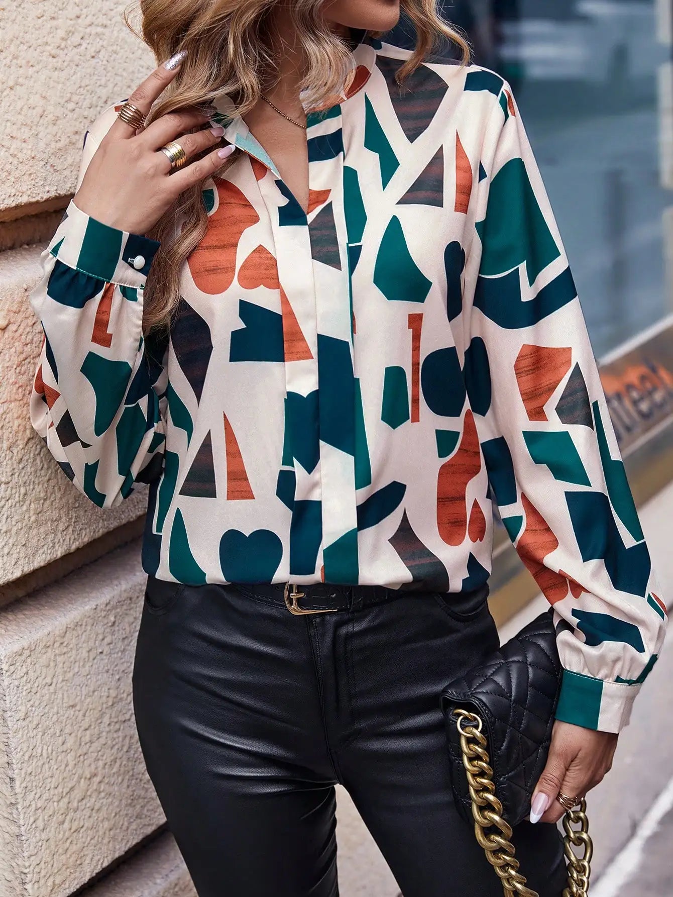 Blouses- Art-Inspired Office Blouse with Long Sleeves- - IndioGear.com