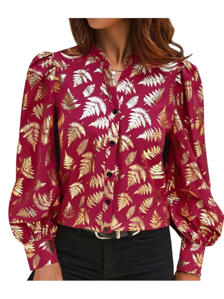 Blouses- Autumn Fern Print Blouse - Women Golden Long Sleeve Shirt- - IndioGear.com