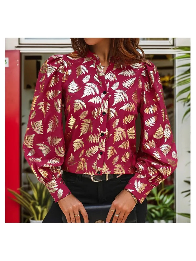 Blouses- Autumn Fern Print Blouse - Women Golden Long Sleeve Shirt- - IndioGear.com