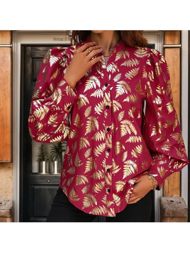 Blouses- Autumn Fern Print Blouse - Women Golden Long Sleeve Shirt- - IndioGear.com