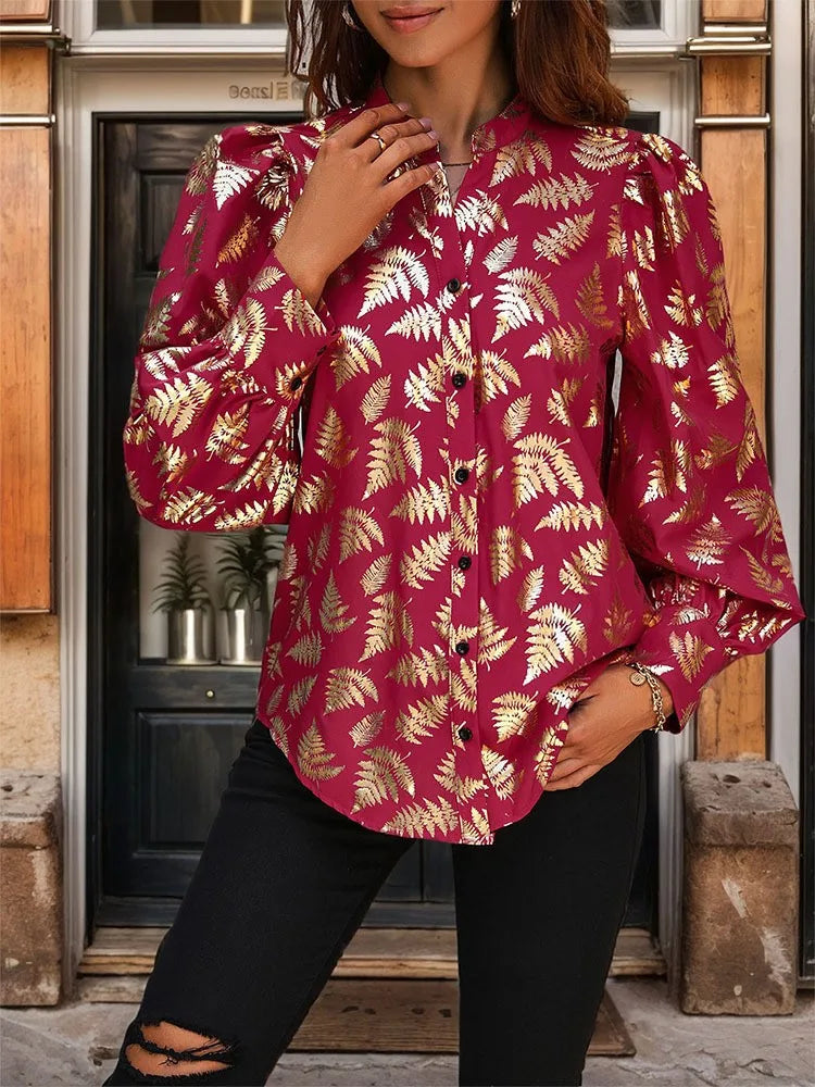 Blouses- Autumn Fern Print Blouse - Women Golden Long Sleeve Shirt- - IndioGear.com