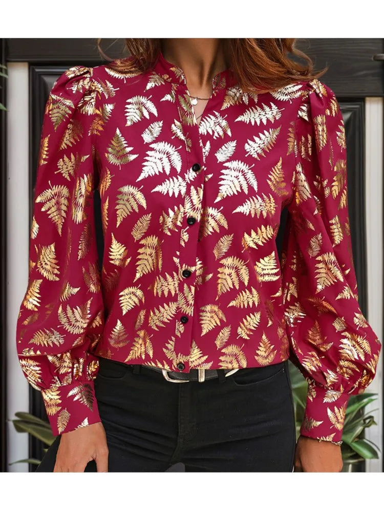 Blouses- Autumn Fern Print Blouse - Women Golden Long Sleeve Shirt- - IndioGear.com