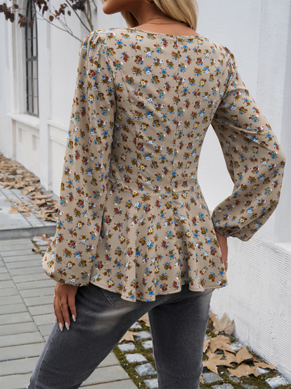 Blouses- Autumn Floral Peplum Blouse with Puff Sleeves- - IndioGear.com