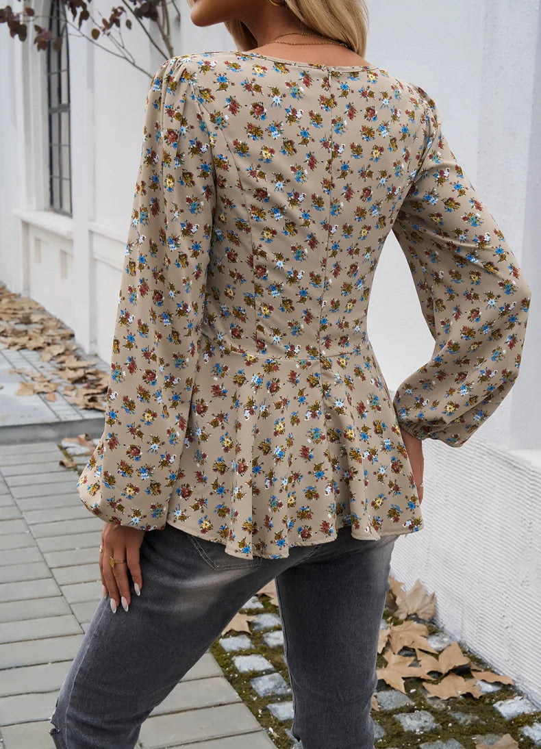 Blouses- Autumn Floral Peplum Lantern Sleeve Blouse- - IndioGear Women Clothing