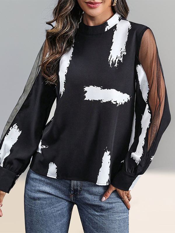 Blouses- Black & White Brushstroke Blouse for Artistic Souls- - IndioGear.com