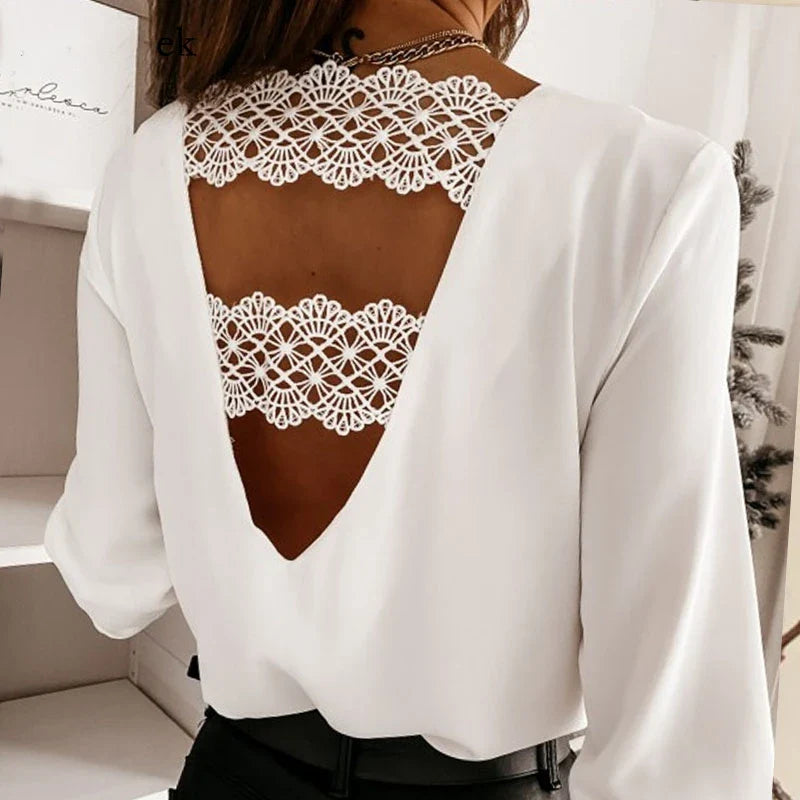 Blouses- Boho-Chic Women's Chiffon Lace Back Blouse- - IndioGear.com