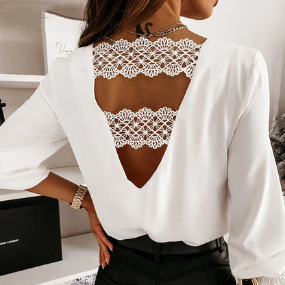 Blouses- Boho-Chic Women's Chiffon Lace Back Blouse- White- IndioGear.com