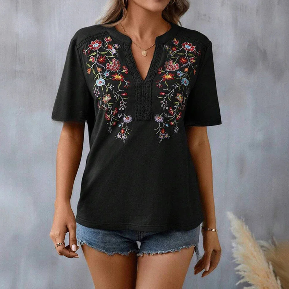 Blouses- Boho-Chic Women's Embroidered Floral Blouse- - IndioGear.com