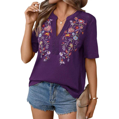 Blouses- Boho-Chic Women's Embroidered Floral Blouse- Purple- IndioGear.com