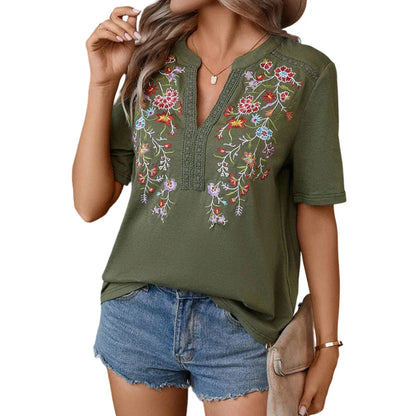 Blouses- Boho-Chic Women's Embroidered Floral Blouse- Green- IndioGear.com