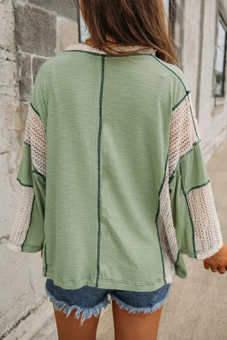 Blouses- Boho Sage Green Waffle Knit Blouse- - IndioGear.com