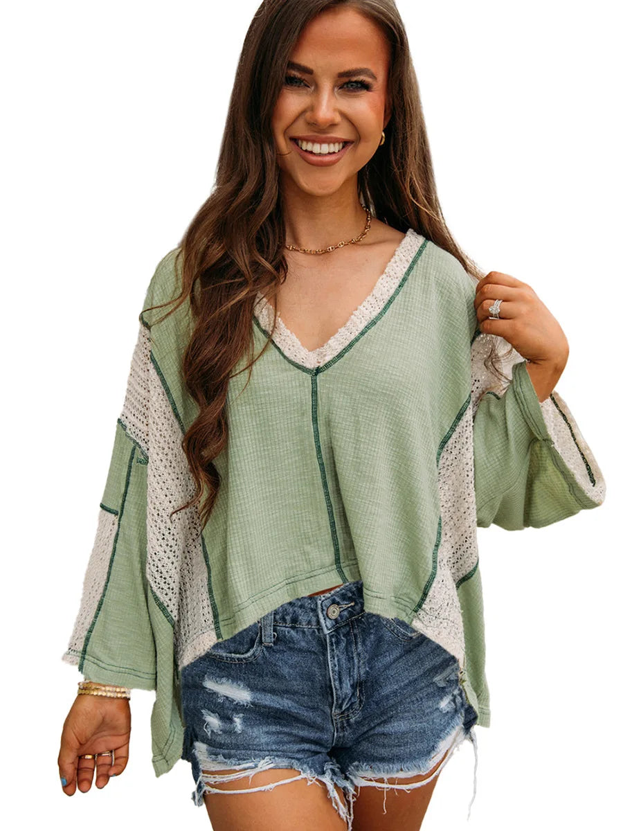 Blouses- Boho Sage Green Waffle Knit Blouse- Green- IndioGear.com