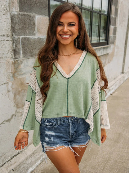 Blouses- Boho Sage Green Waffle Knit Blouse- - IndioGear.com