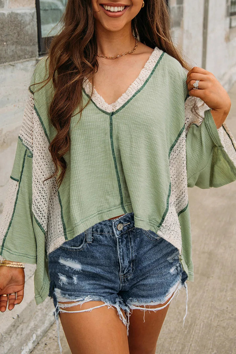 Blouses- Boho Sage Green Waffle Knit Blouse- - IndioGear.com