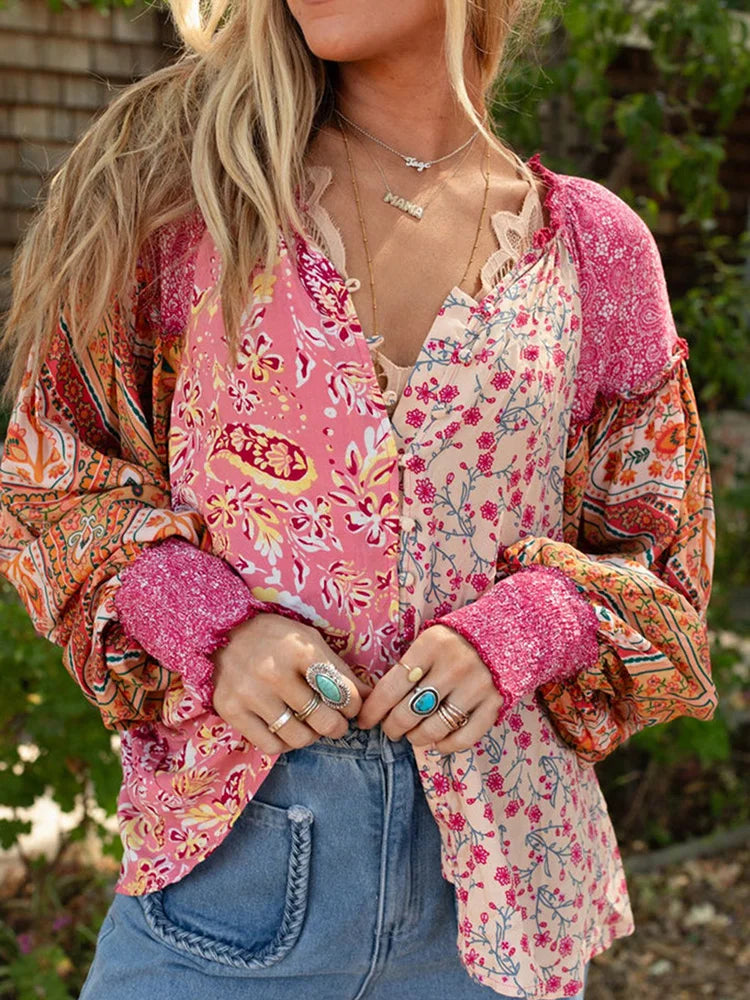 Blouses- Boho-Spirit Floral Shirt Blouse with Long Sleeves- Pink- Chuzko Women Clothing