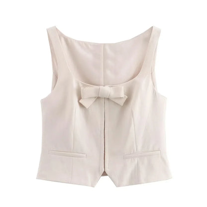 Blouses- Bow Crop Top for Artistic Evenings Tailored Cream Blouse- Apricot- IndioGear Women Clothing