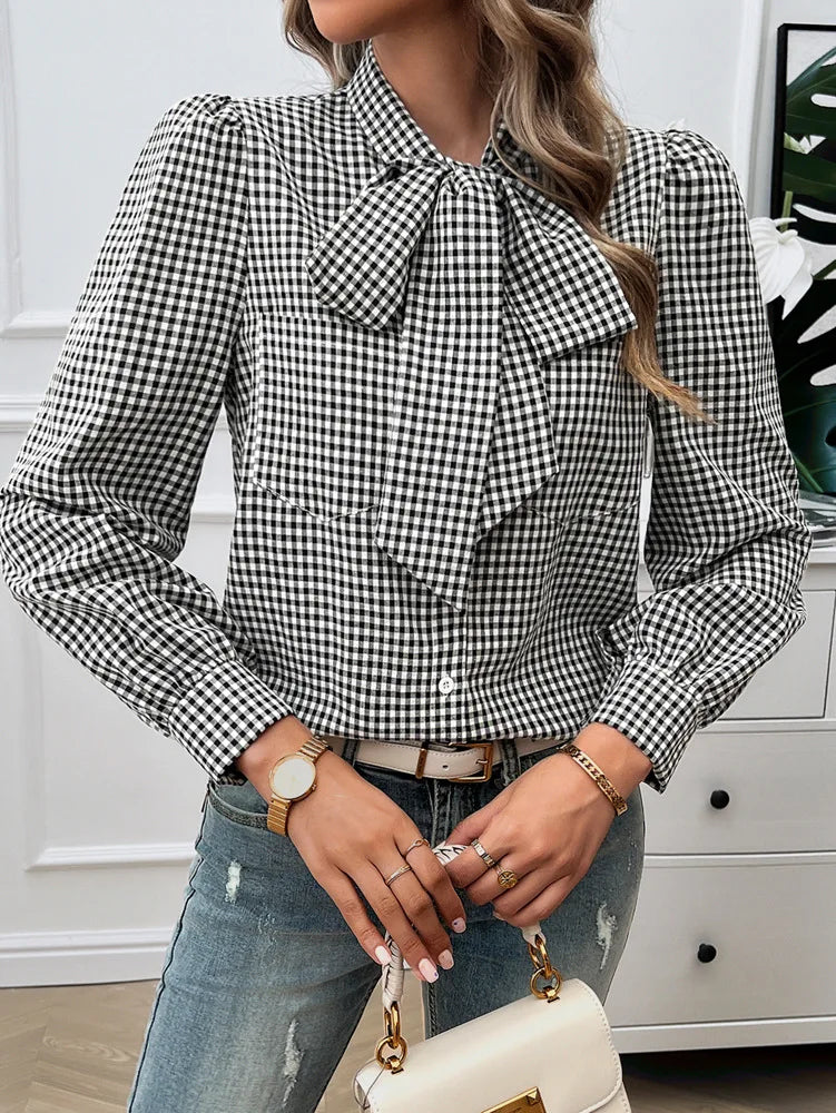 Blouses- Bow Tie Gingham Blouse Long Sleeve Shirt- black- IndioGear Women Clothing