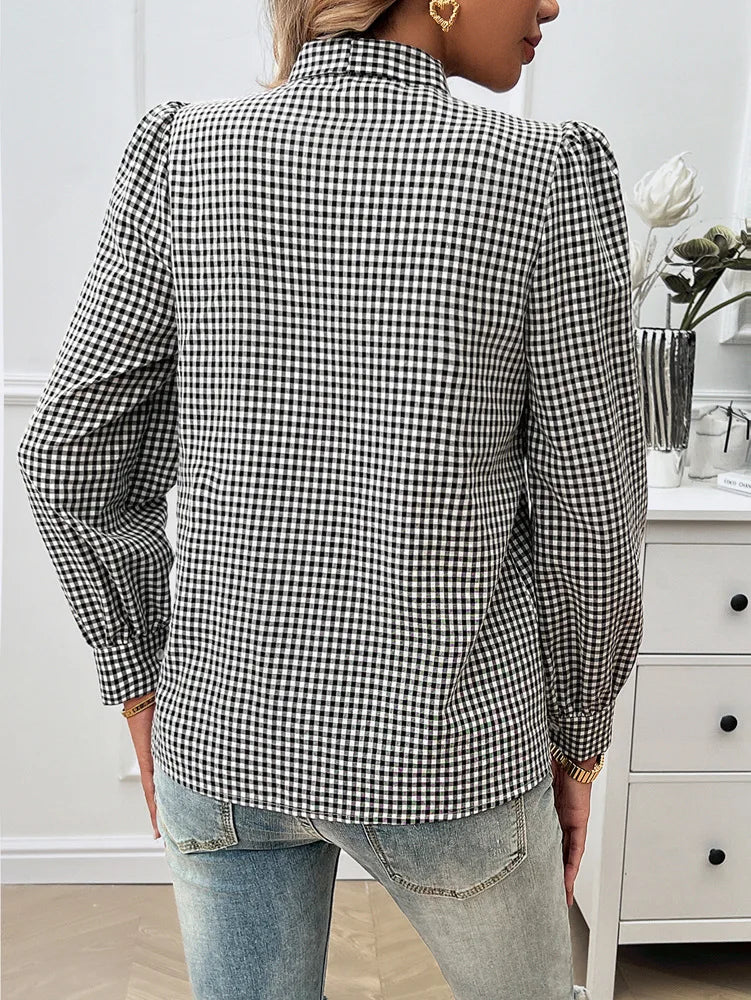 Blouses- Bow Tie Gingham Blouse Long Sleeve Shirt- - IndioGear Women Clothing