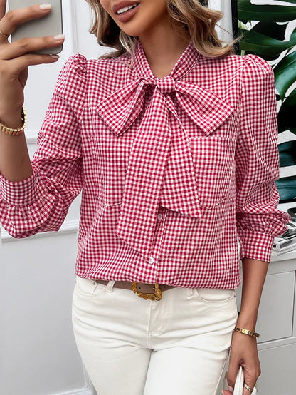 Blouses- Bow Tie Gingham Blouse Long Sleeve Shirt- - IndioGear Women Clothing