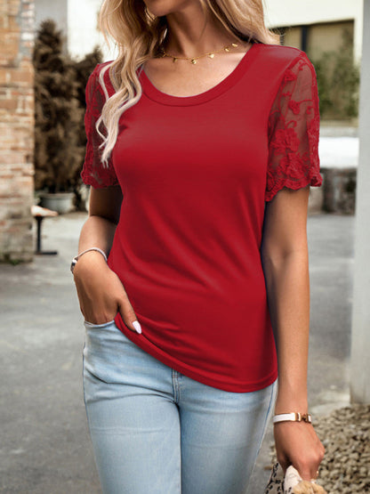 Blouses- Crew Neck Blouse T-Shirt with Lace Sleeves for Women- - IndioGear Fashion and Gear