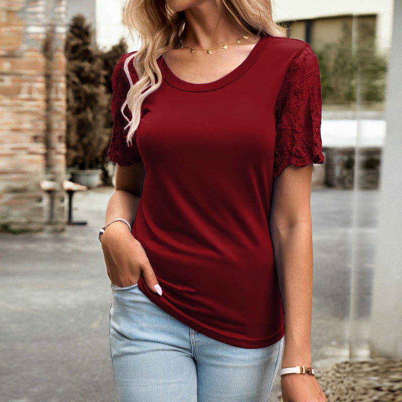 Blouses- Crew Neck Blouse T-Shirt with Lace Sleeves for Women- Wine Red- IndioGear Fashion and Gear