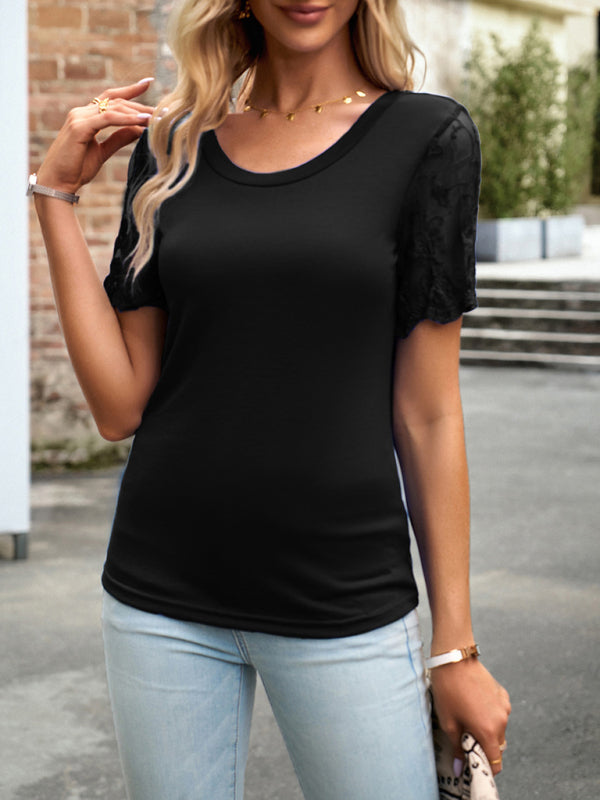 Blouses- Crew Neck Blouse T-Shirt with Lace Sleeves for Women- - IndioGear Fashion and Gear