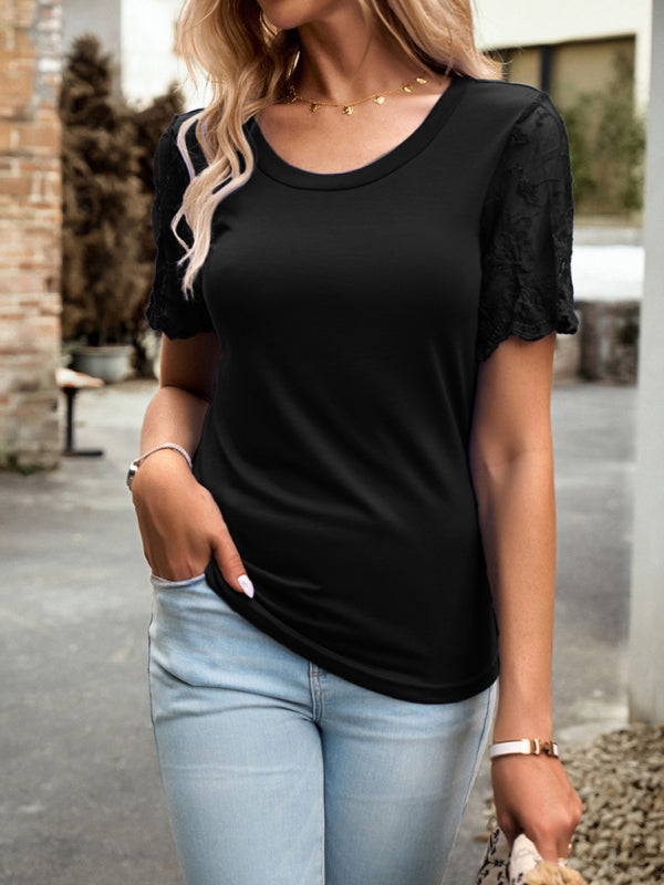 Blouses- Crew Neck Blouse T-Shirt with Lace Sleeves for Women- - IndioGear Fashion and Gear