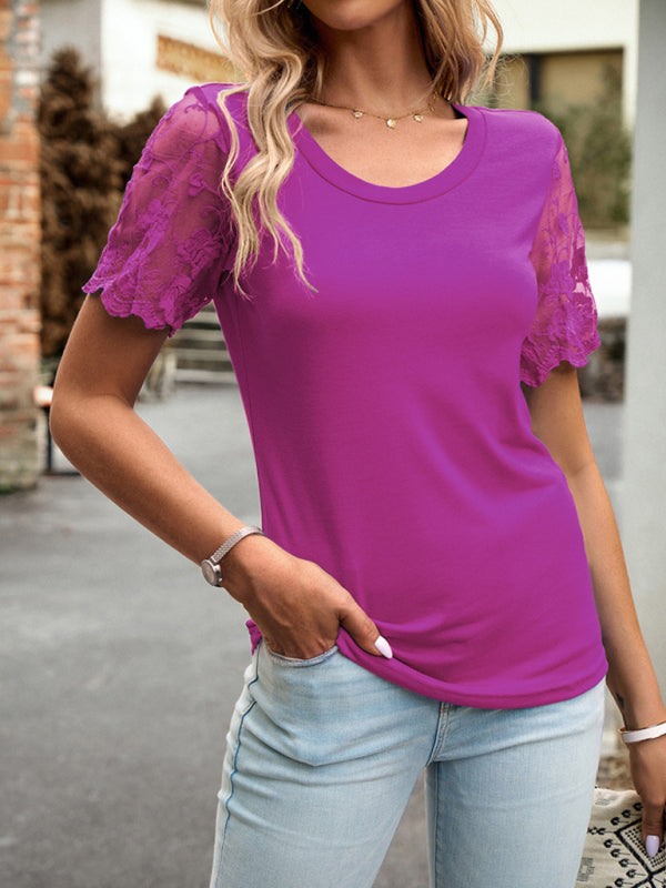 Blouses- Crew Neck Blouse T-Shirt with Lace Sleeves for Women- - IndioGear Fashion and Gear