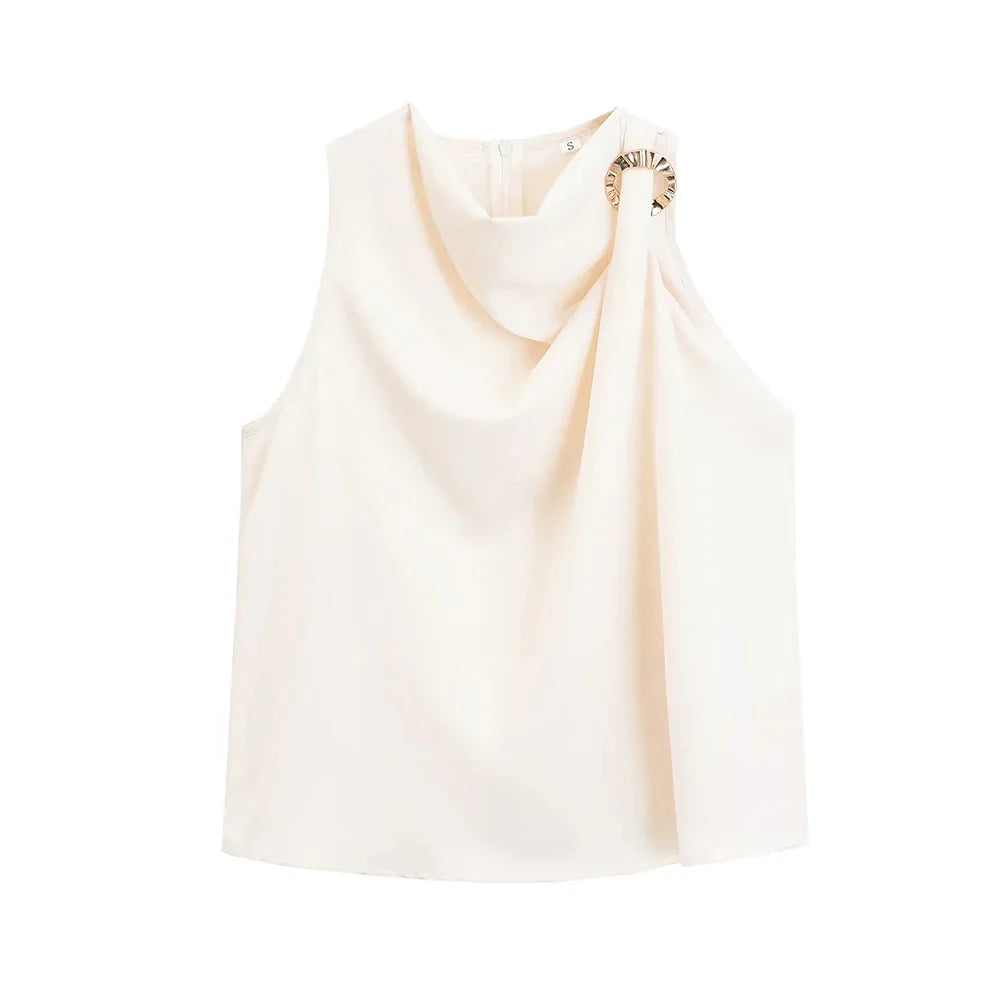 Blouses- Draped Cowl Neck Sleeveless Top with Ring Side- Antique Paper- IndioGear.com