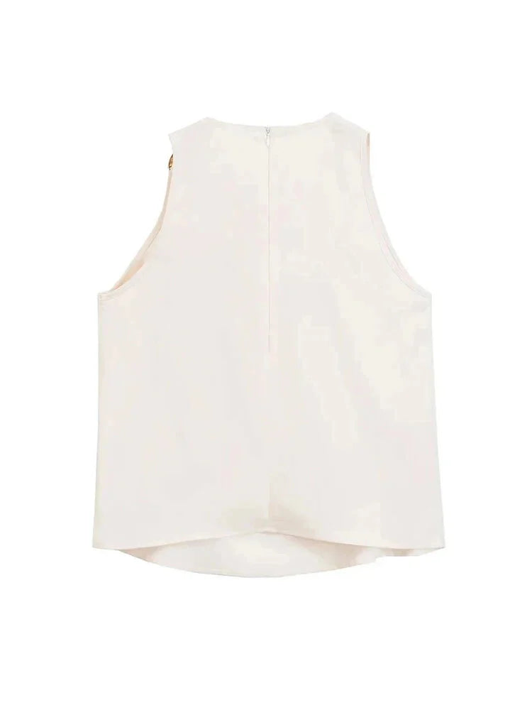 Blouses- Draped Cowl Neck Sleeveless Top with Ring Side- - IndioGear.com