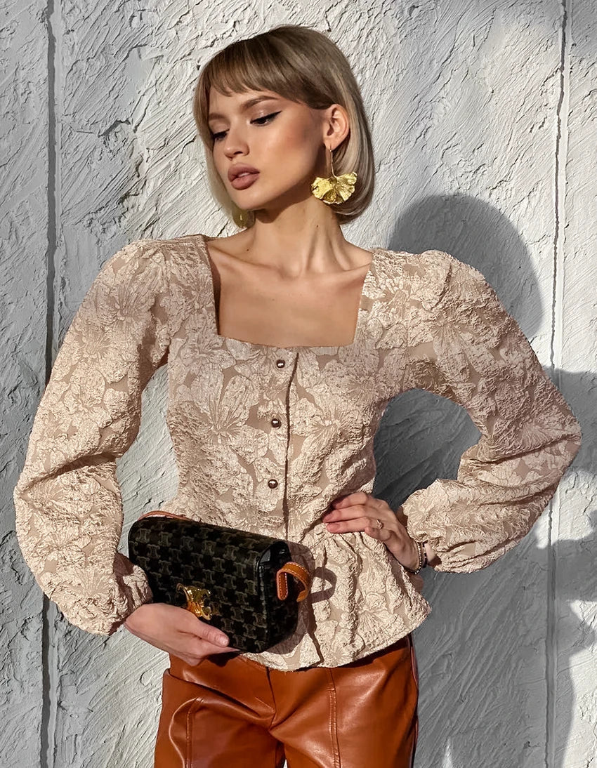 Blouses- Elegant Floral Jacquard Peplum Top Puff Sleeve Blouse- Khaki- IndioGear Women Clothing