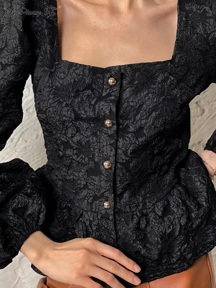 Blouses- Elegant Floral Jacquard Peplum Top Puff Sleeve Blouse- Black- IndioGear Women Clothing