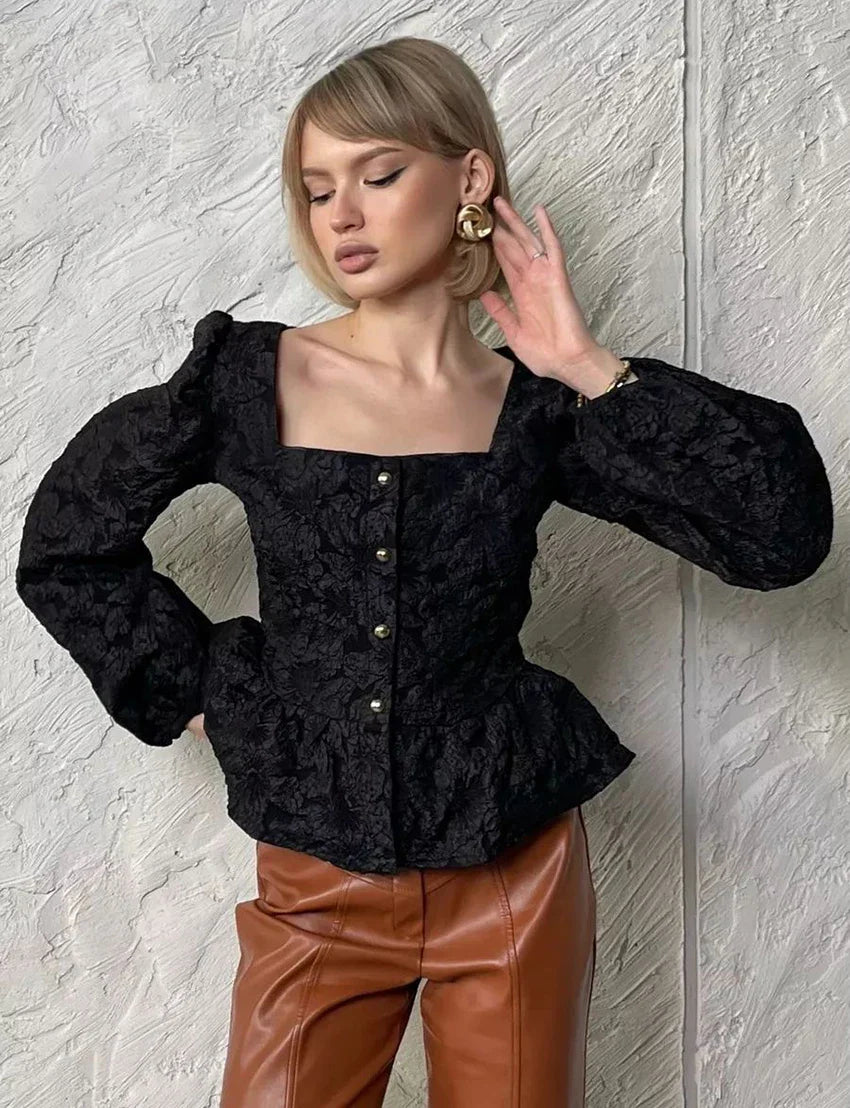 Blouses- Elegant Floral Jacquard Peplum Top Puff Sleeve Blouse- - IndioGear Women Clothing