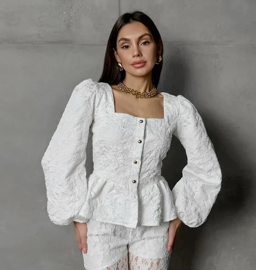 Blouses- Elegant Floral Jacquard Peplum Top Puff Sleeve Blouse- - IndioGear Women Clothing