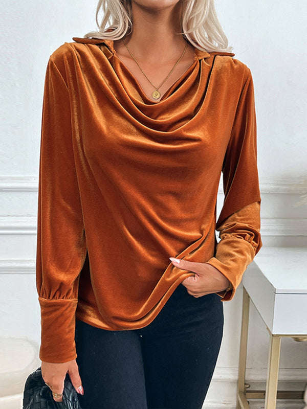 Blouses- Elegant Velvet Cowl Top Velour Winter Blouse- - IndioGear Women Clothing