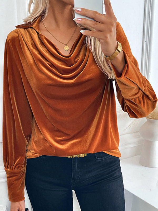 Blouses- Elegant Velvet Cowl Top Velour Winter Blouse- - IndioGear Women Clothing