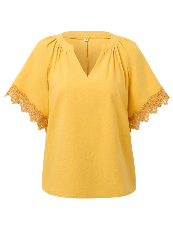 Blouses- Essential Swiss Short Sleeves Blouse V-Neck Top- - IndioGear.com