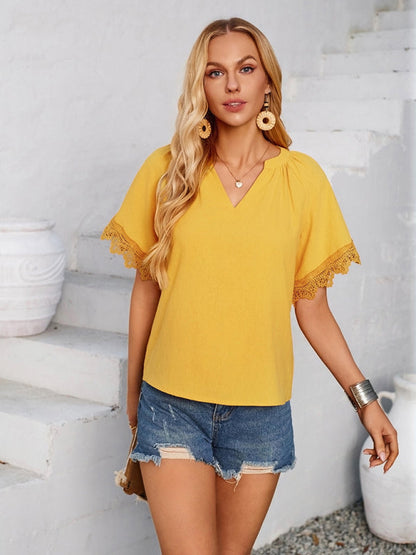 Blouses- Essential Swiss Short Sleeves Blouse V-Neck Top- - IndioGear.com