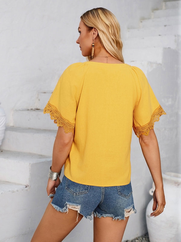 Blouses- Essential Swiss Short Sleeves Blouse V-Neck Top- - IndioGear.com