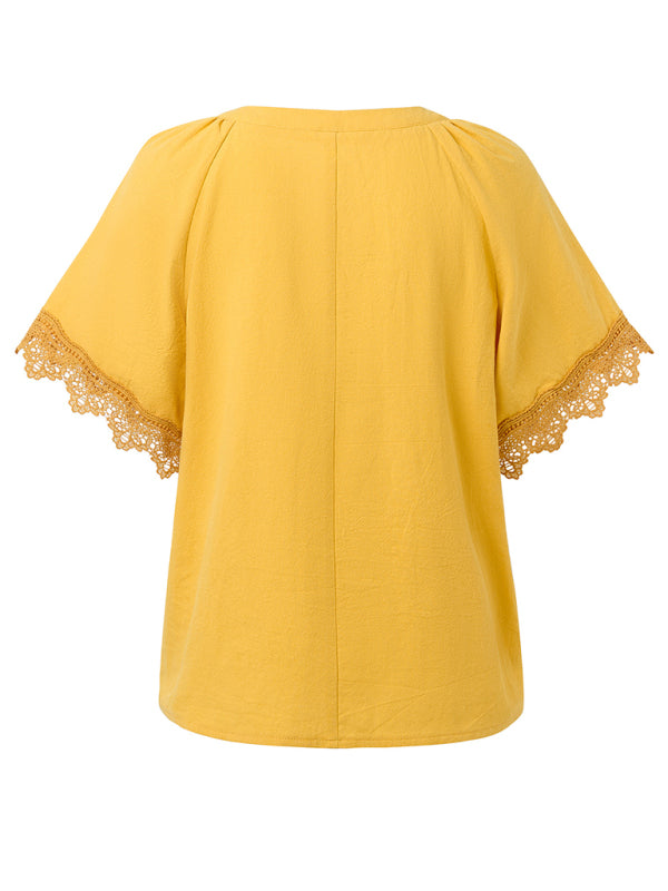 Blouses- Essential Swiss Short Sleeves Blouse V-Neck Top- - IndioGear.com