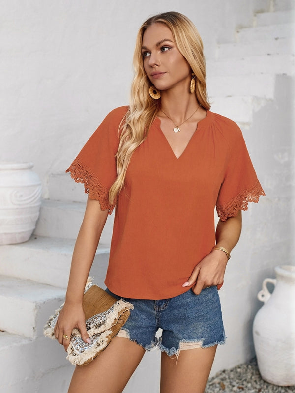 Blouses- Essential Swiss Short Sleeves Blouse V-Neck Top- - IndioGear.com